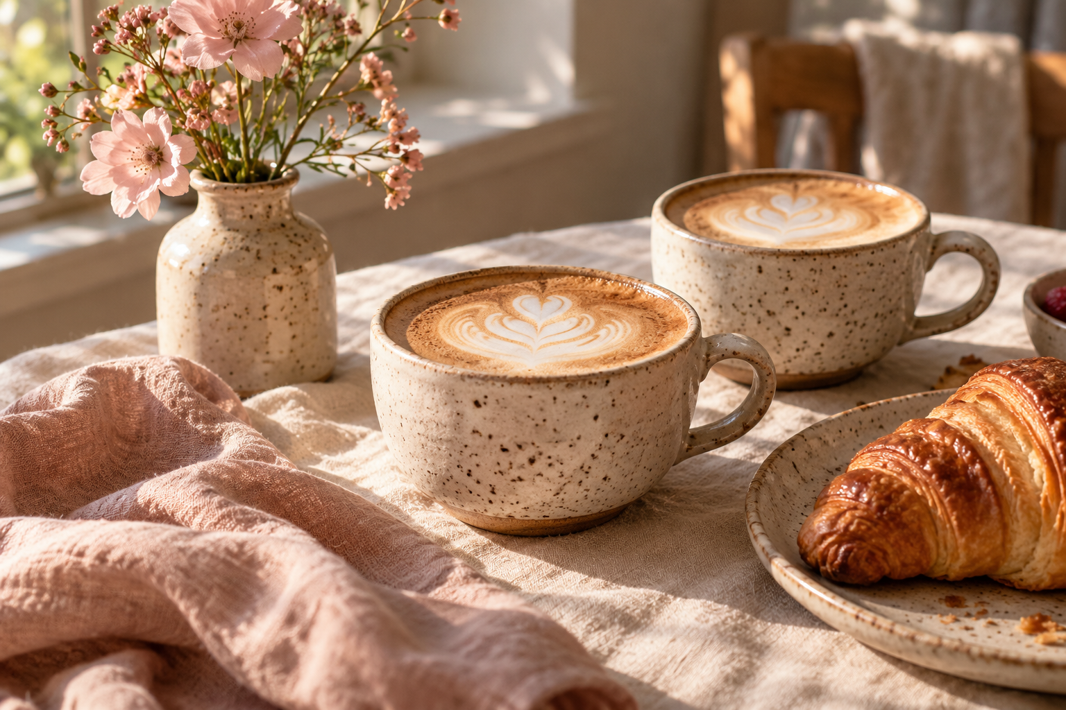 Twee cappuccino’s op een zonnige ontbijttafel